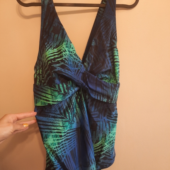 Speedo Blue Green Palm Leaf Print Swimsuit One Piece - Picture 4 of 14